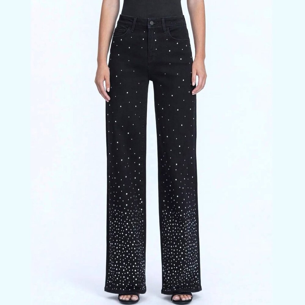 Black Jeans Wide Leg High Rise Sparkling Rhinestone Inlays Size 24 25 26 27 28